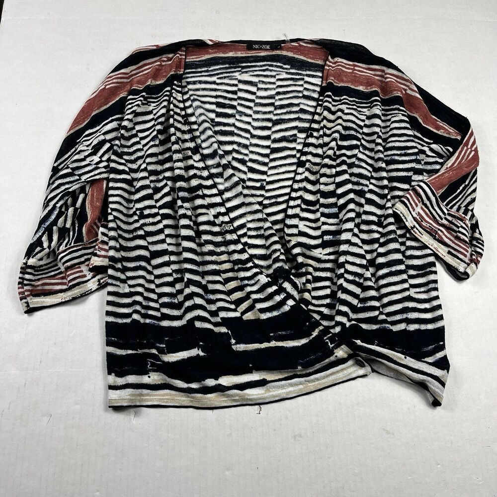 Nic+Zoe Striped Linen Blend 3/4 Sleeve Wrap Sweater Size L Coastal Nautical Knit